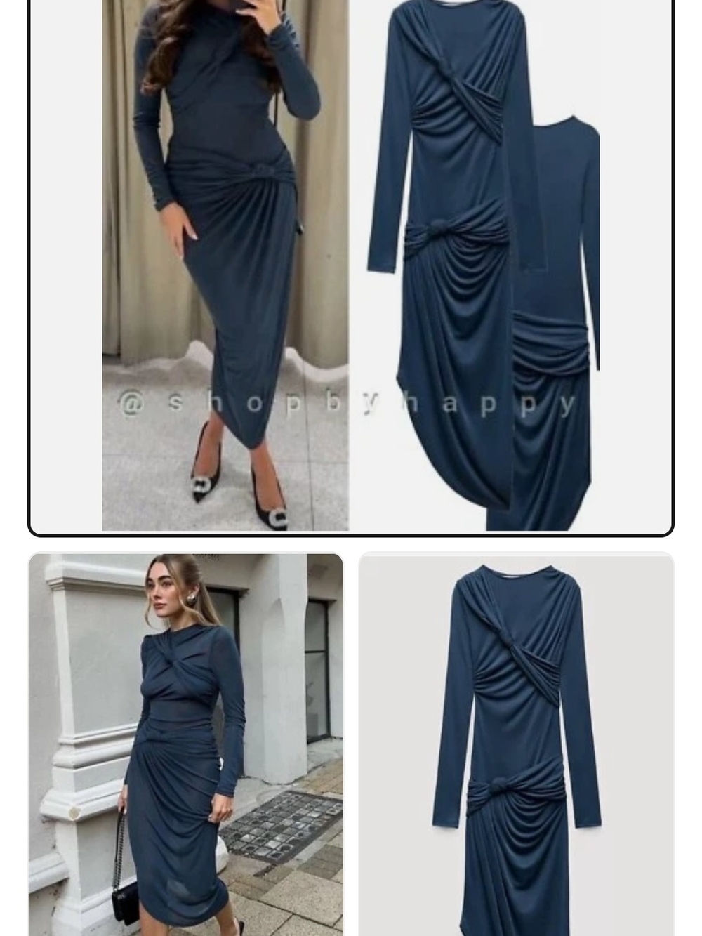 NWOT Zara Elegant Navy Long-Sleeve Ruched Midi Dress
